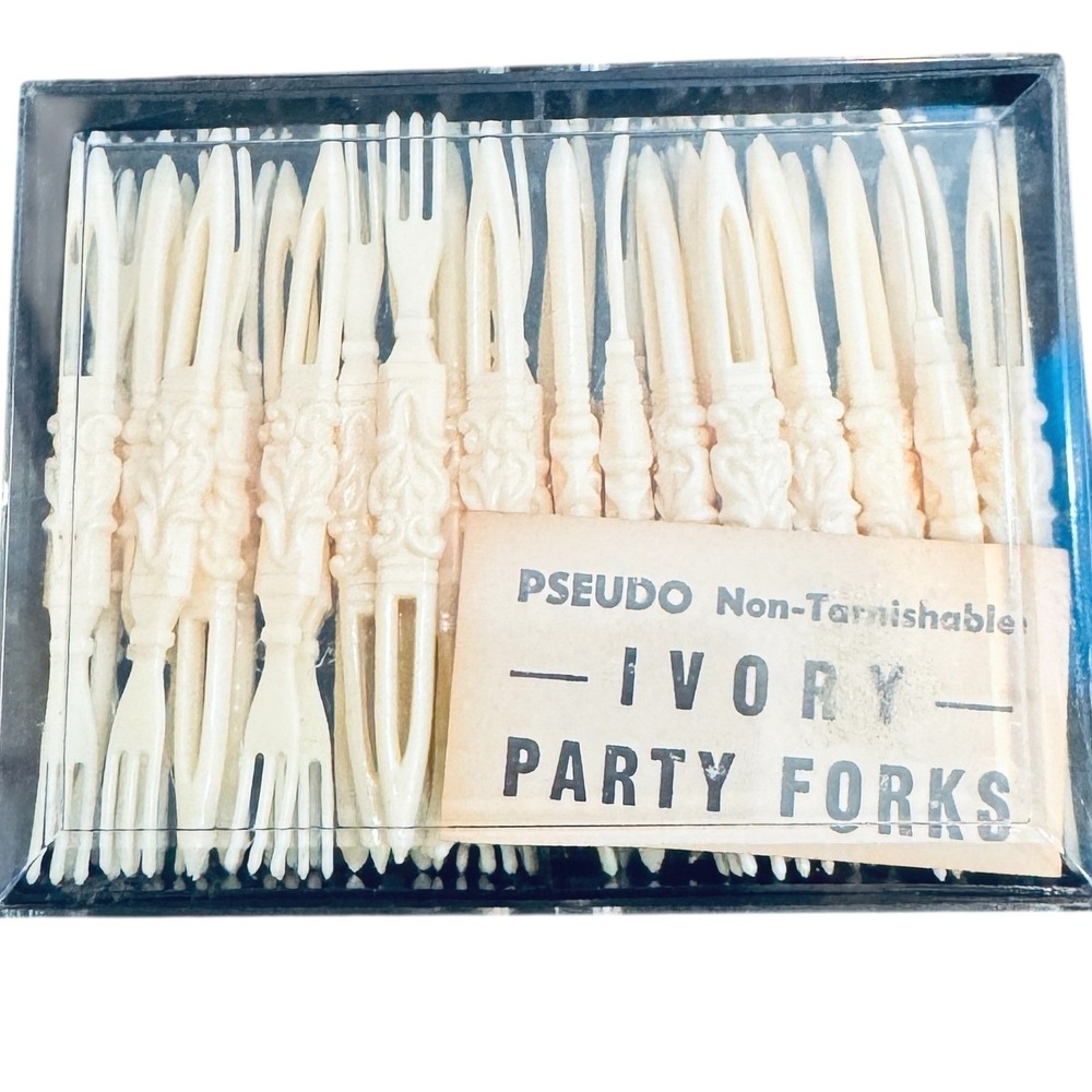 Vintage Pseudo Ivory Party Forks Made in USA Retro Appetizer Cocktail Picks Set